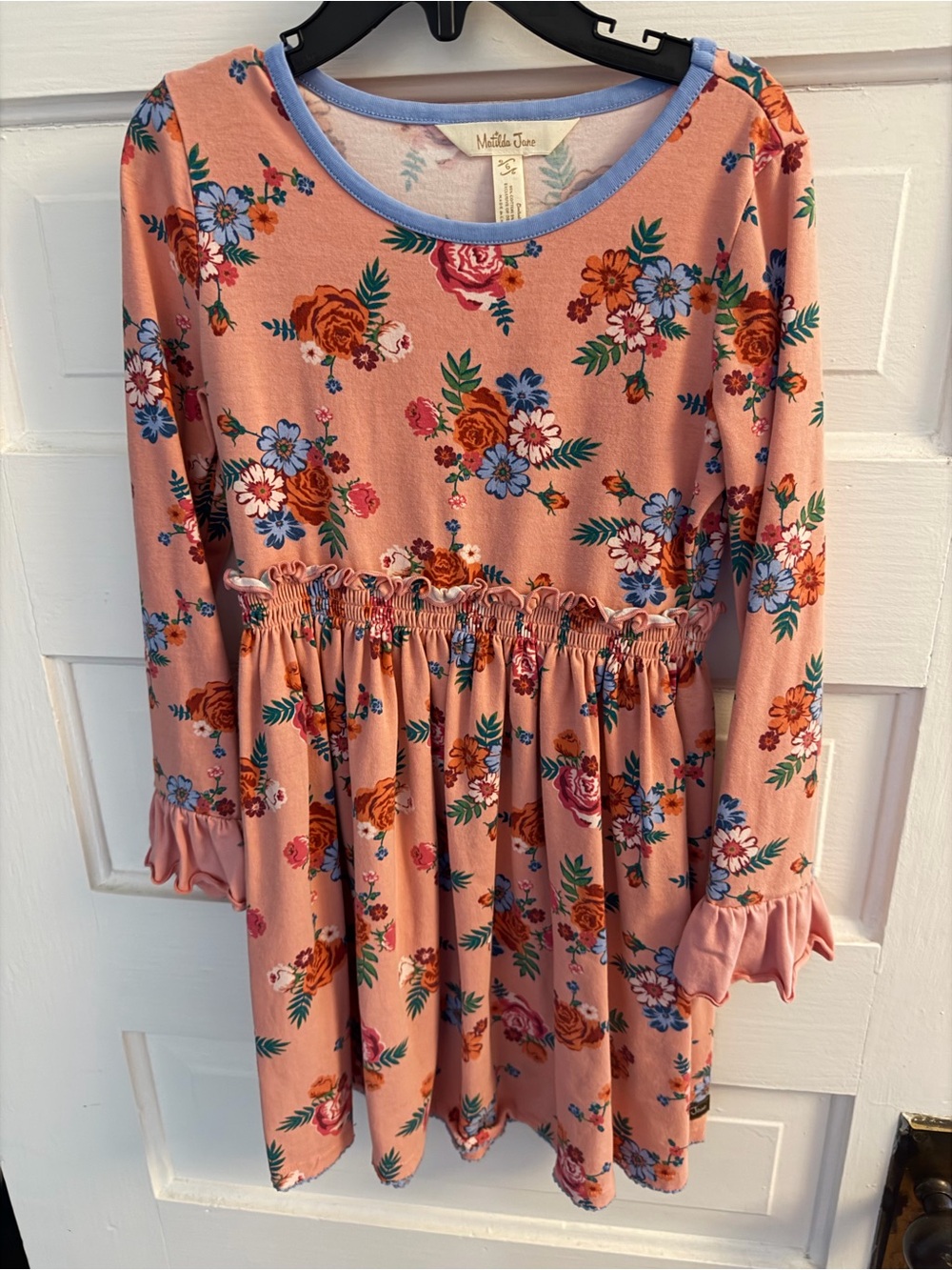 Matilda Jane Peach Floral Long-Sleeve Dress with Blue Trim